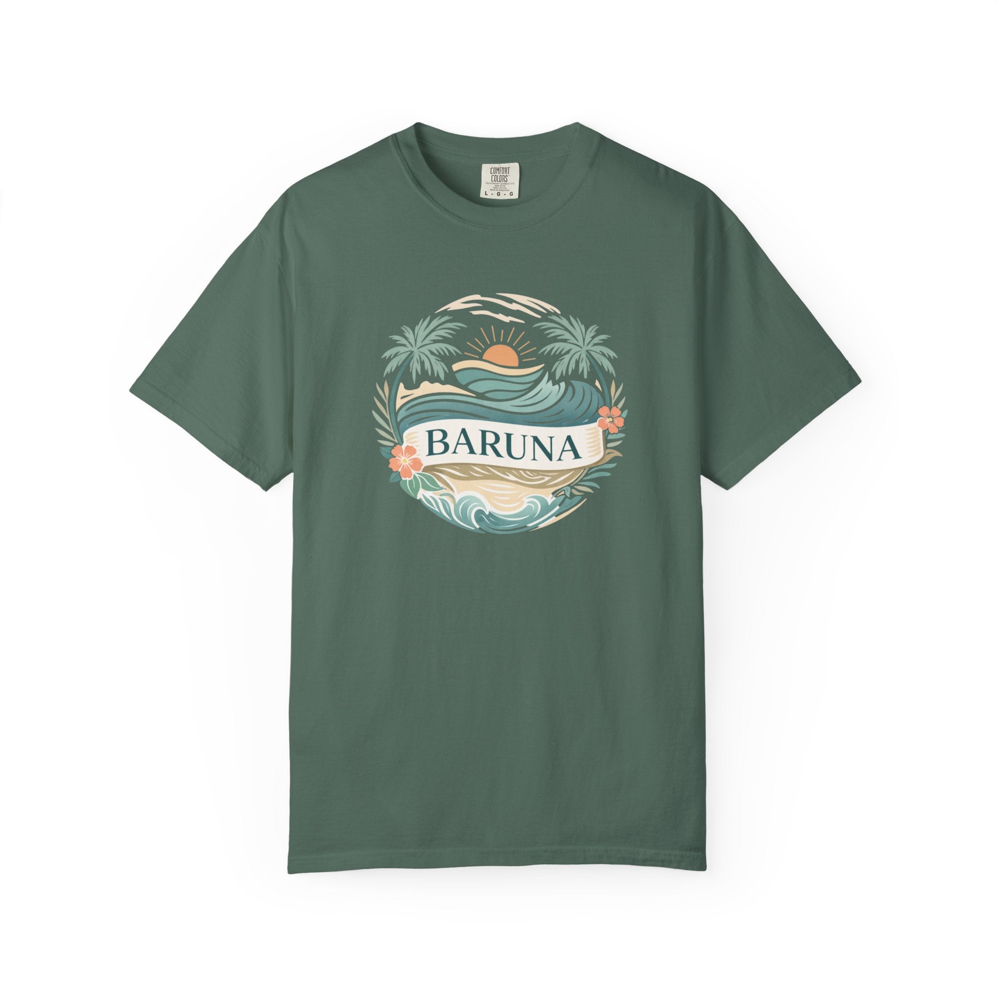 House of Baruna Woman's Sunset T-Shirt — Tropical Palms & Waves Graphic Tee