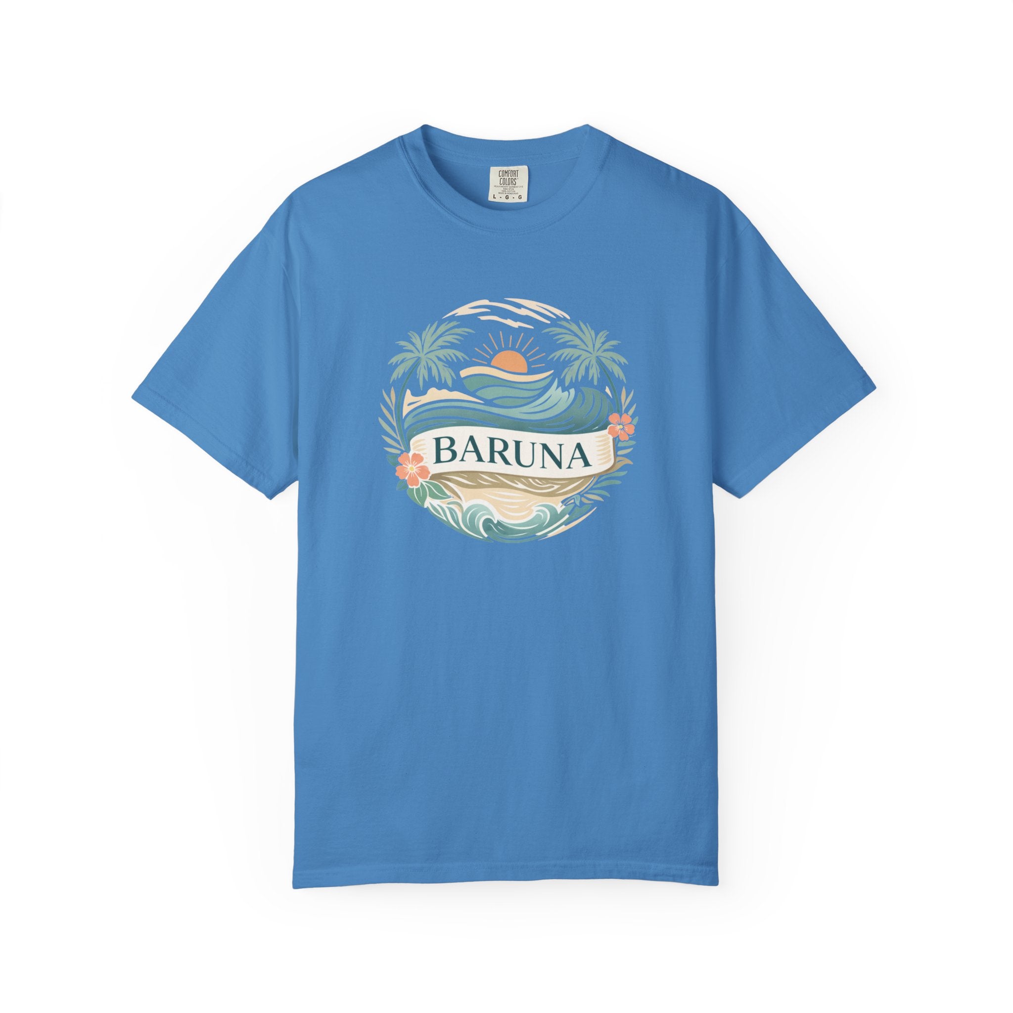 House of Baruna Woman's Sunset T-Shirt — Tropical Palms & Waves Graphic Tee