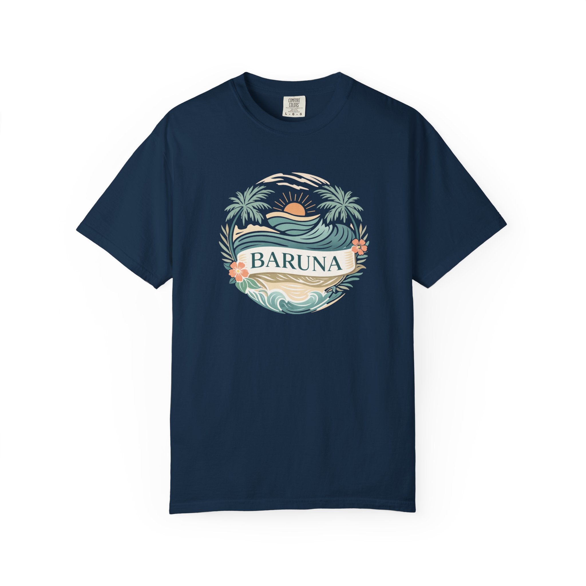 House of Baruna Woman's Sunset T-Shirt — Tropical Palms & Waves Graphic Tee