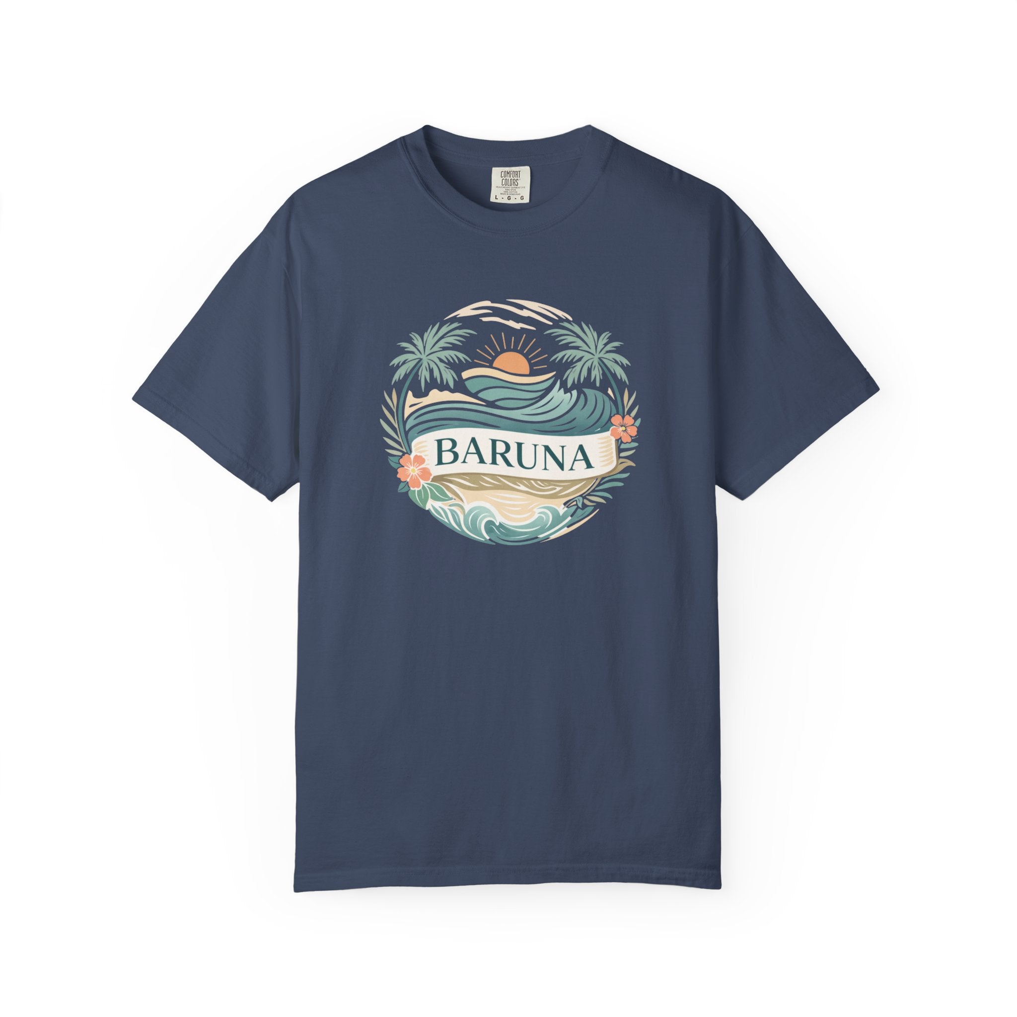 House of Baruna Woman's Sunset T-Shirt — Tropical Palms & Waves Graphic Tee