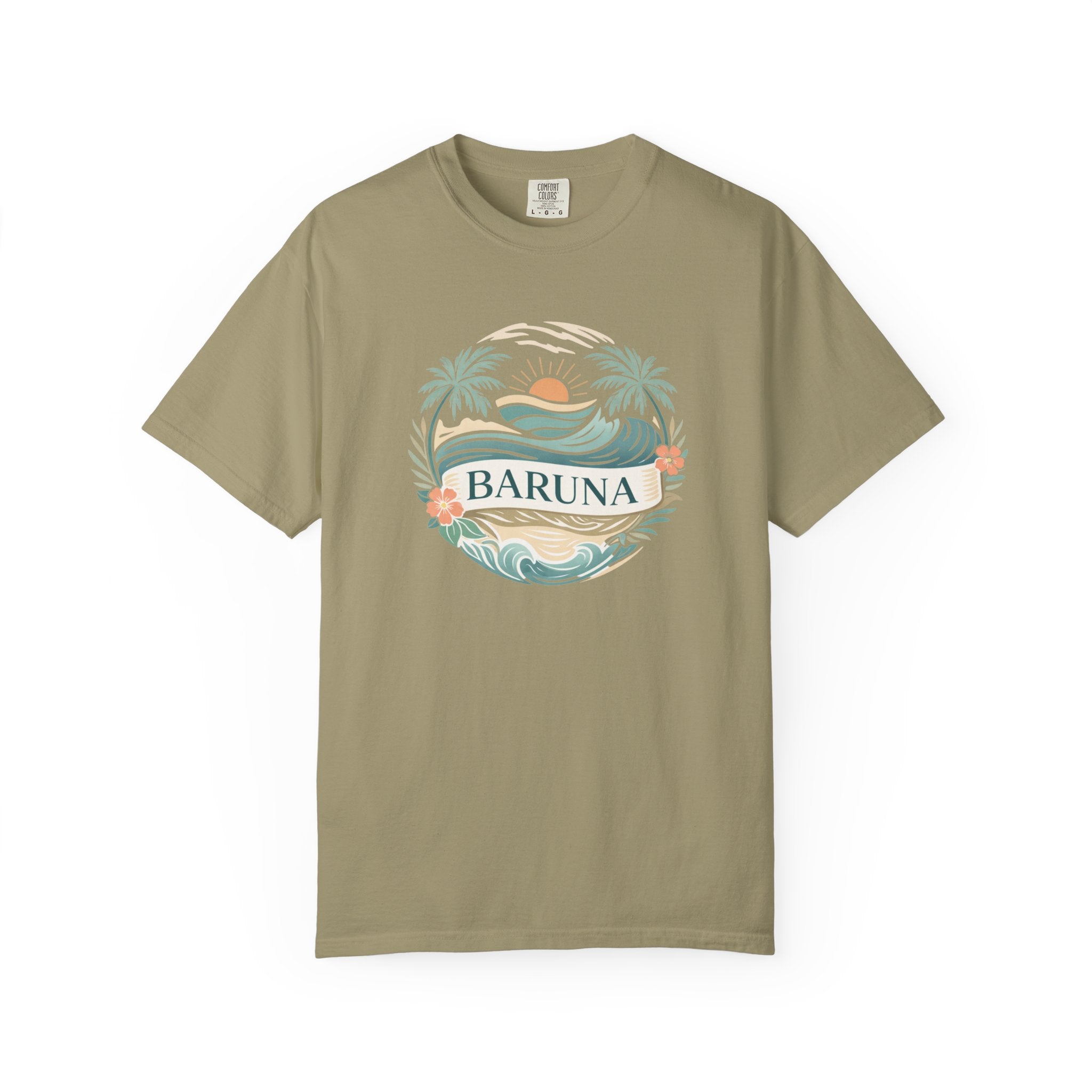 House of Baruna Woman's Sunset T-Shirt — Tropical Palms & Waves Graphic Tee
