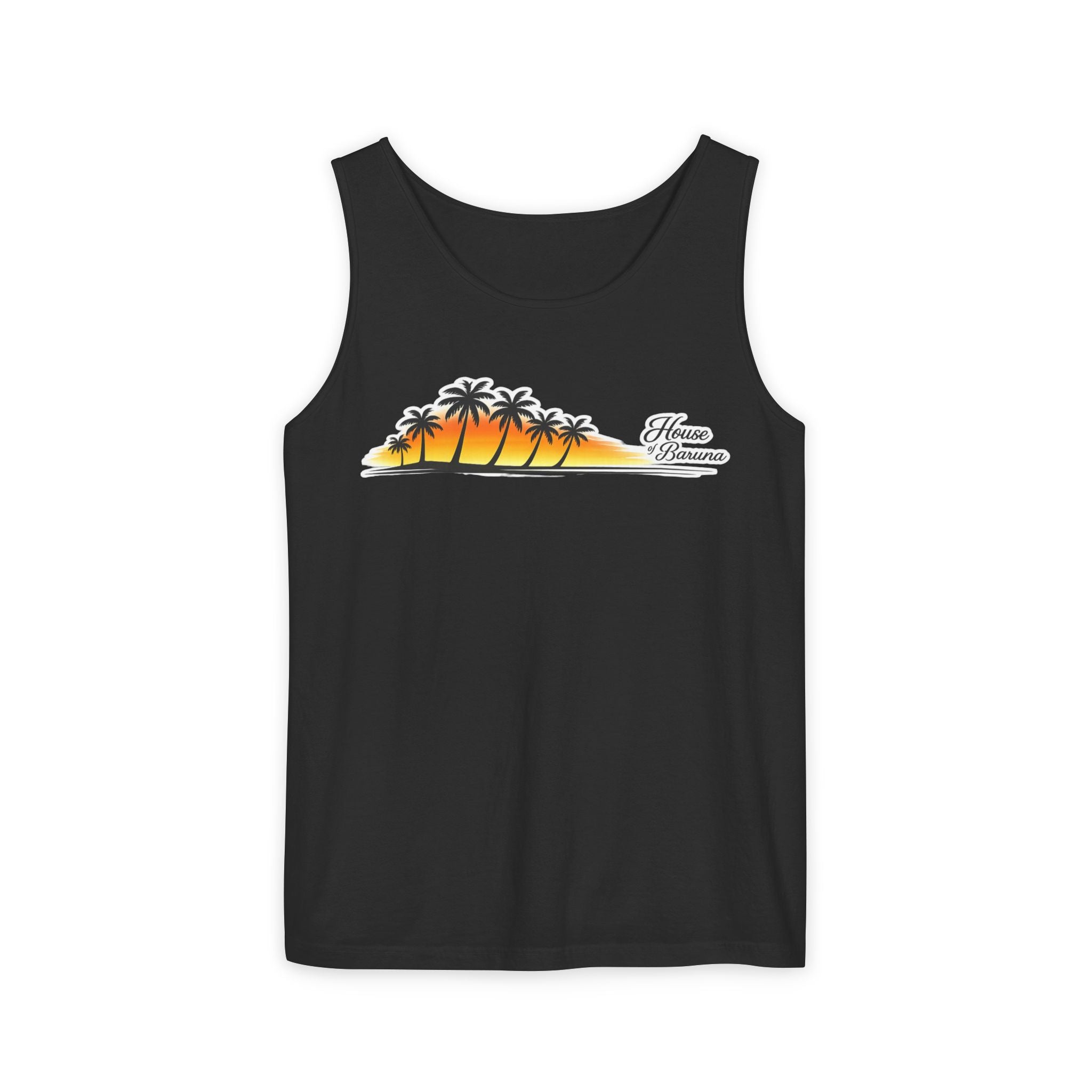 House of Baruna Men's Premium Beach Tank Top – Sunset Palm Tree Surfer Singlet