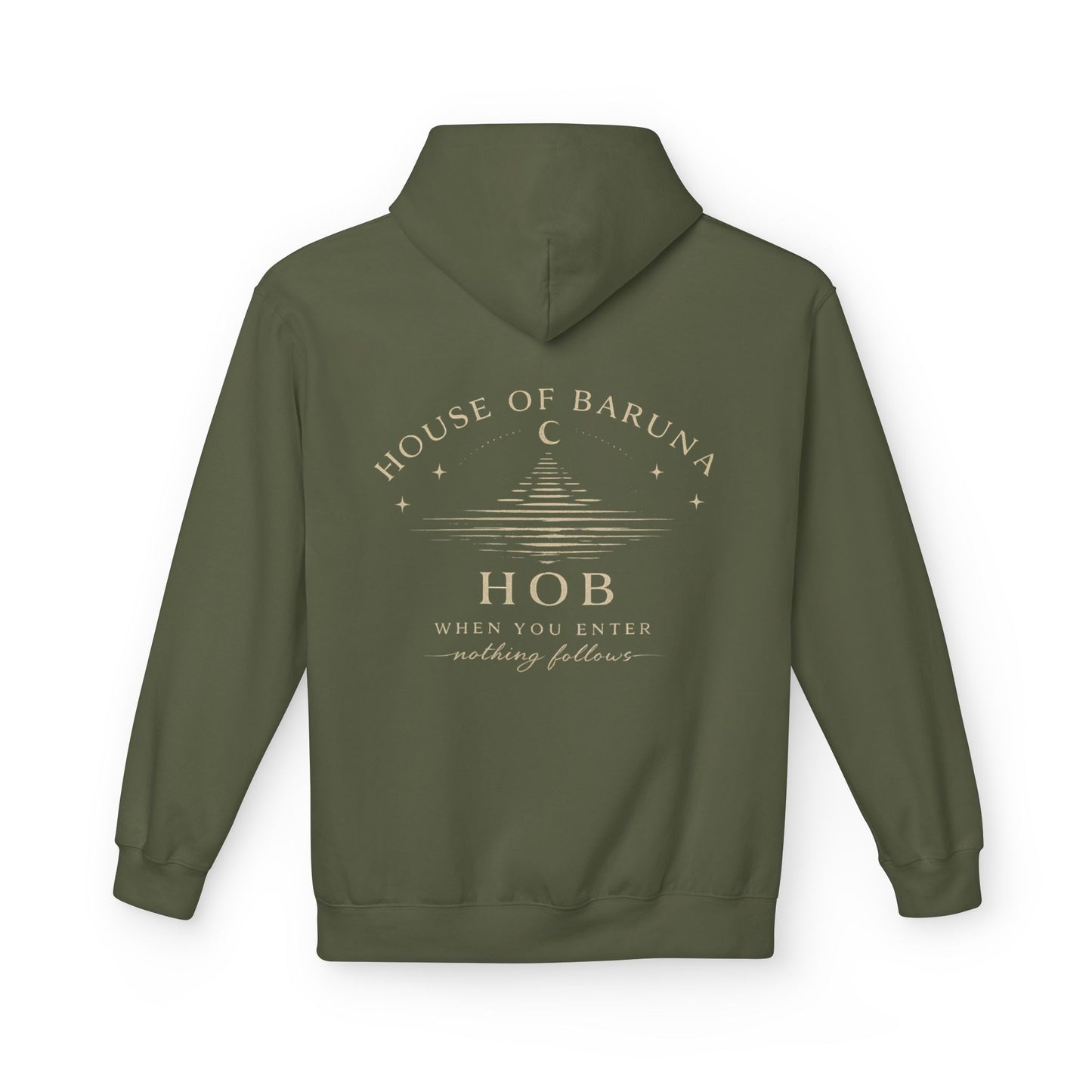 House of Baruna Hoodie — 'HOB: When You Enter Nothing Follows' Minimal Crescent Logo