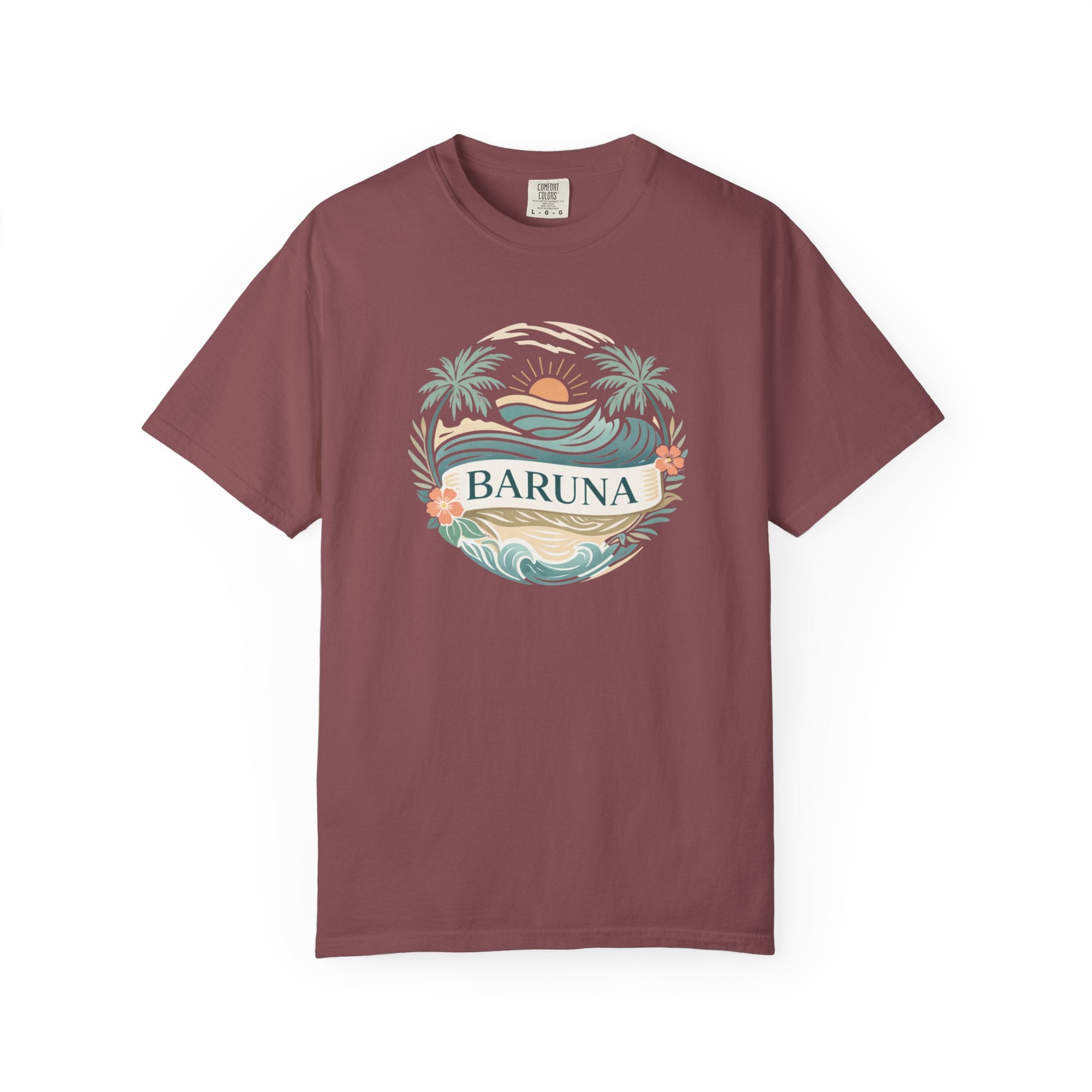 House of Baruna Woman's Sunset T-Shirt — Tropical Palms & Waves Graphic Tee