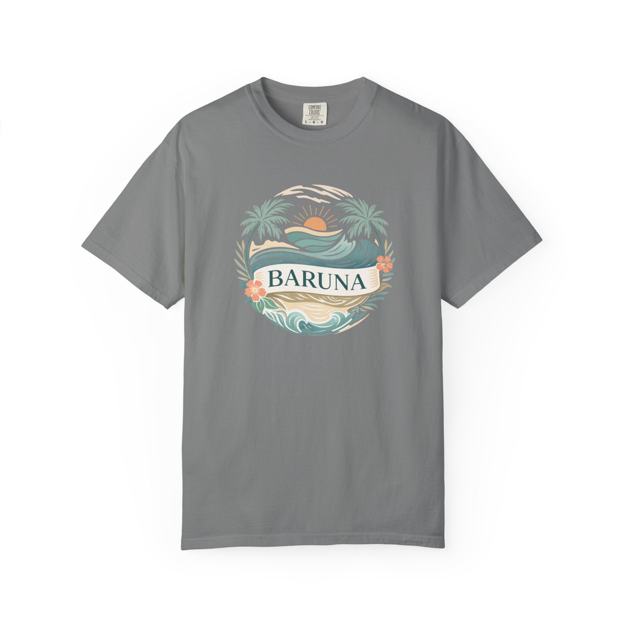 House of Baruna Woman's Sunset T-Shirt — Tropical Palms & Waves Graphic Tee