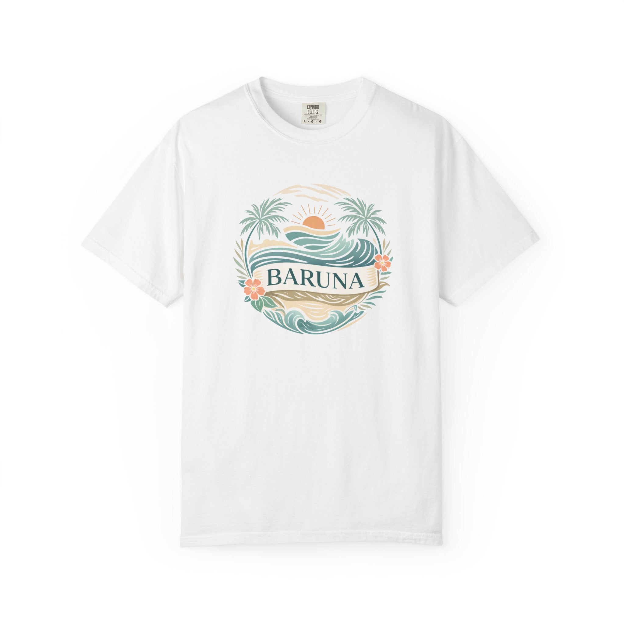 House of Baruna Woman's Sunset T-Shirt — Tropical Palms & Waves Graphic Tee