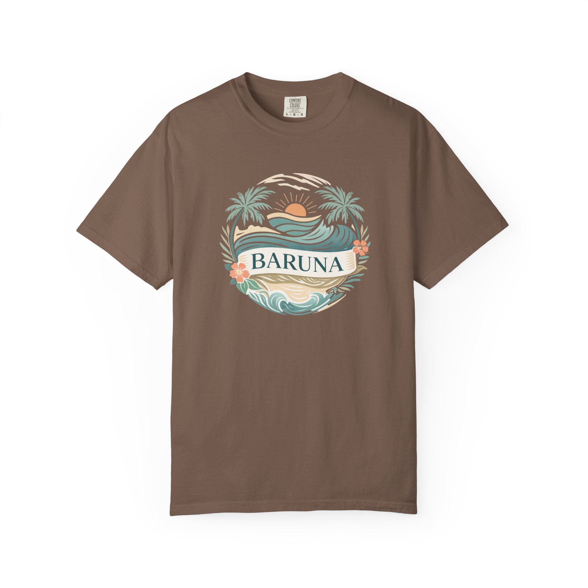 House of Baruna Woman's Sunset T-Shirt — Tropical Palms & Waves Graphic Tee