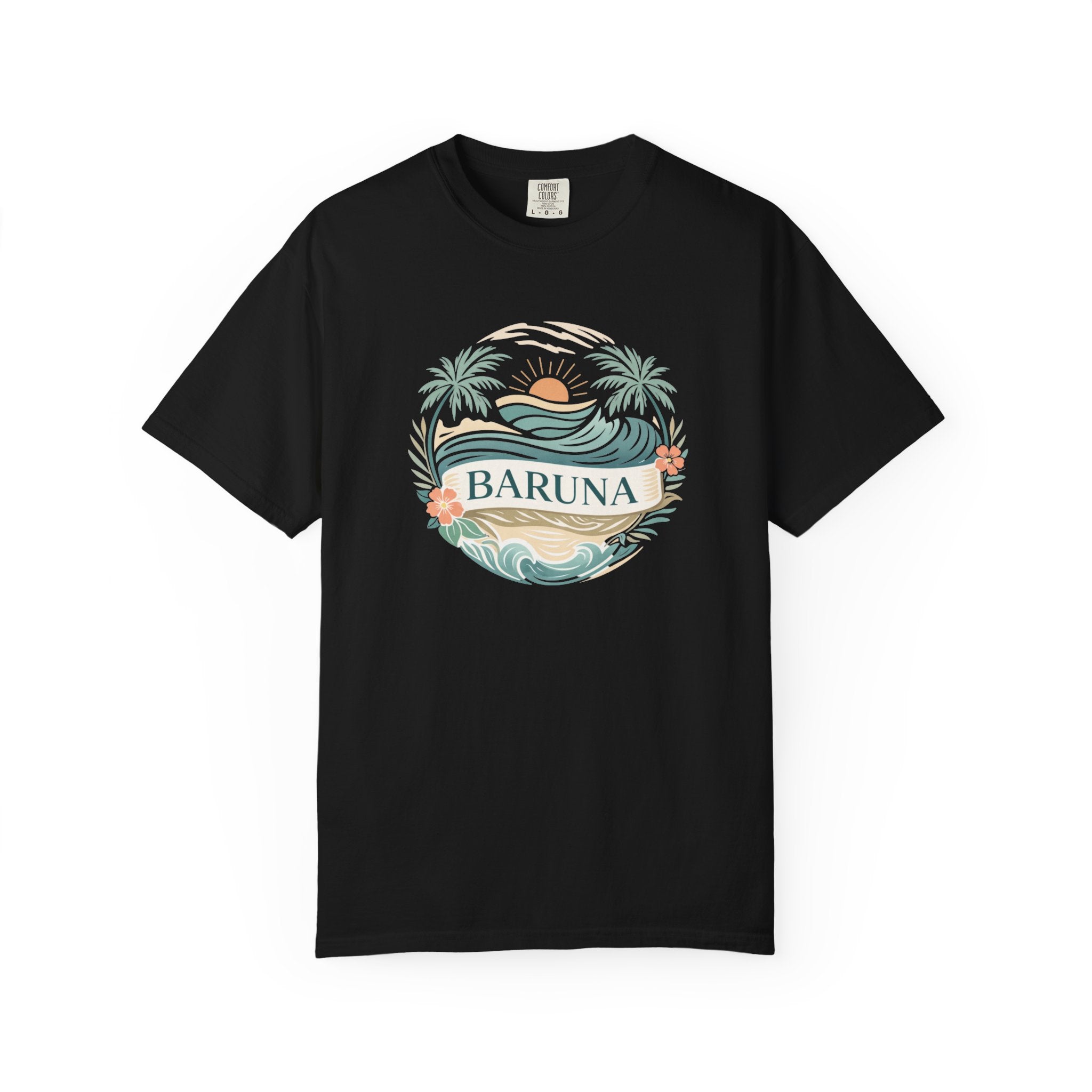 House of Baruna Woman's Sunset T-Shirt — Tropical Palms & Waves Graphic Tee
