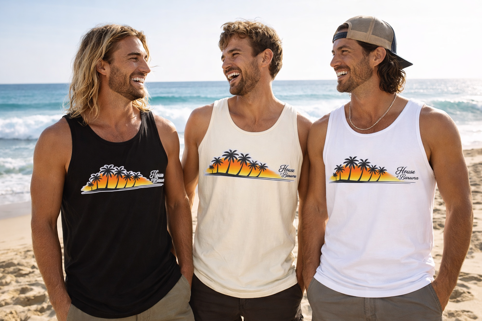 House of Baruna Men's Premium Beach Tank Top – Sunset Palm Tree Surfer Singlet