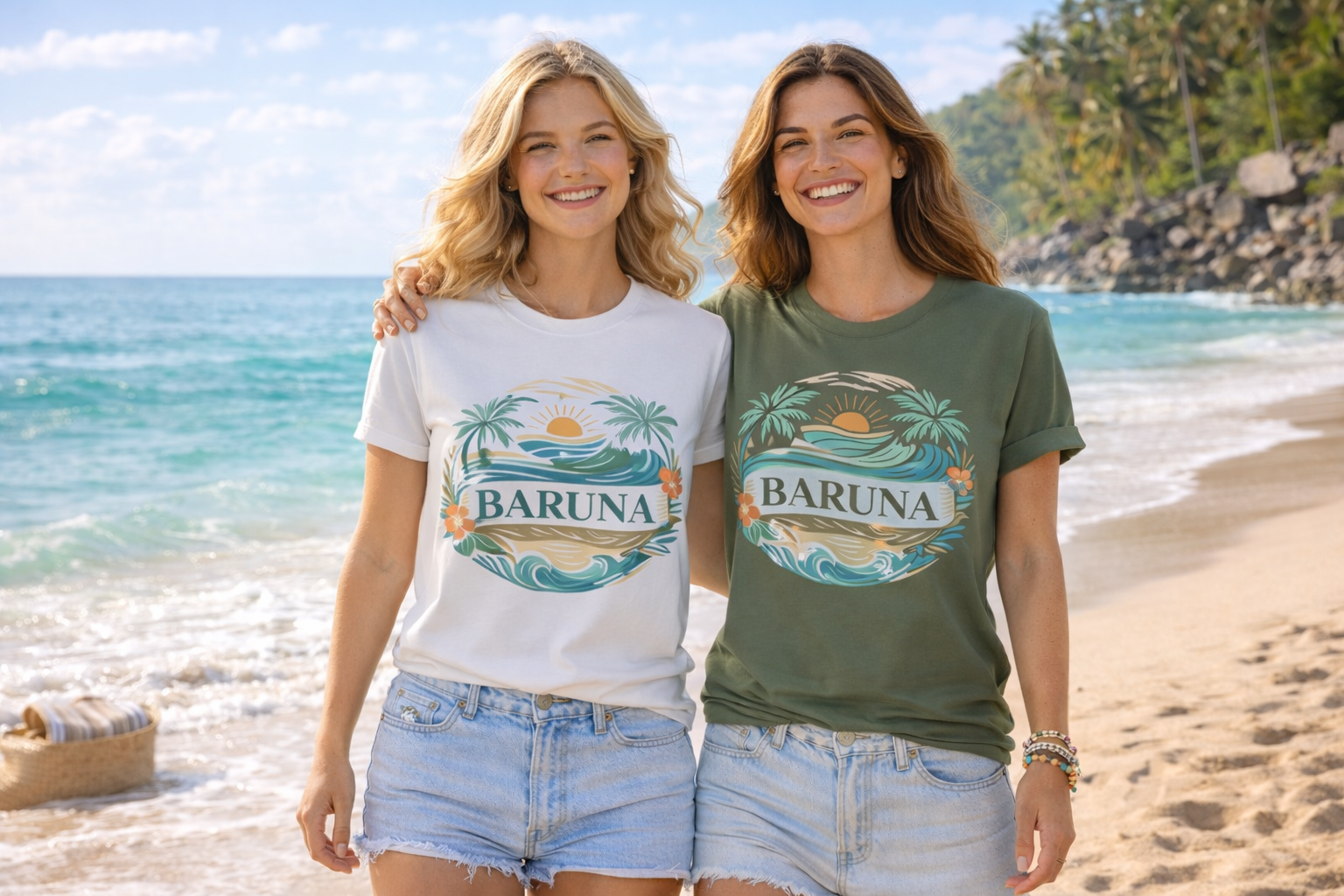 House of Baruna Woman's Sunset T-Shirt — Tropical Palms & Waves Graphic Tee