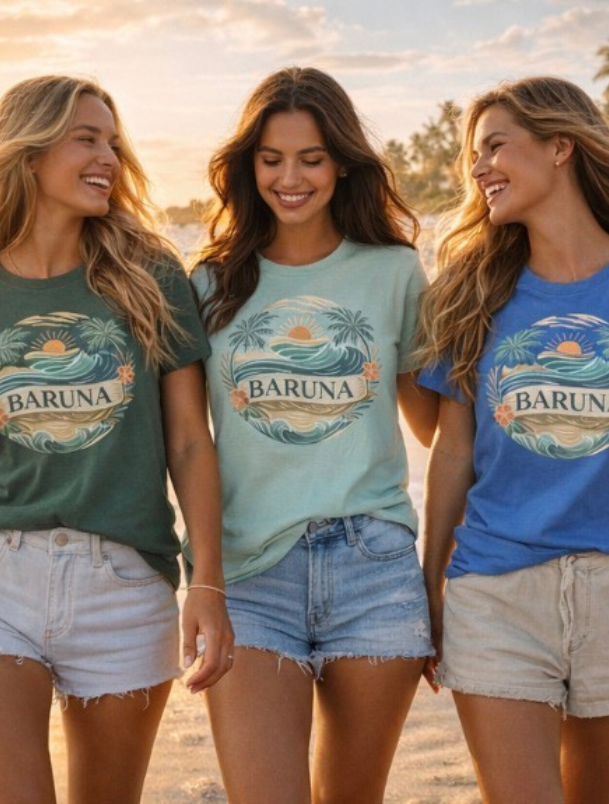 House of Baruna Woman's Sunset T-Shirt — Tropical Palms & Waves Graphic Tee