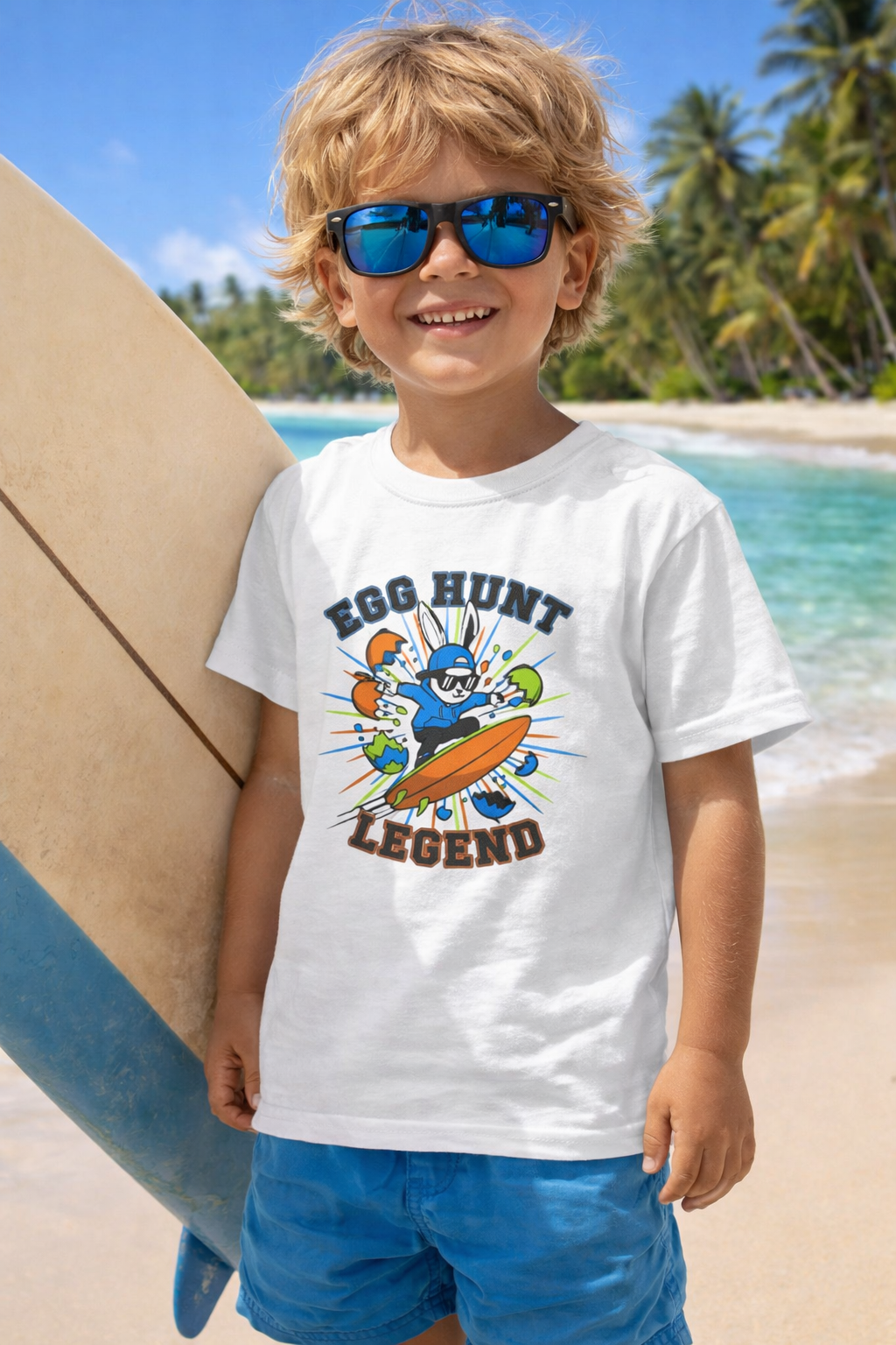 Kids Tee — "Egg Hunt Legend" Easter Bunny Surfing Graphic