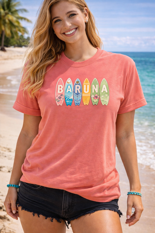 House of Baruna Women's  Surfboard Graphic Tee — Retro Beach Vibe T-Shirt