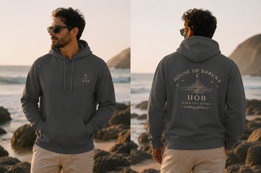 House of Baruna Hoodie — 'HOB: When You Enter Nothing Follows' Minimal Crescent Logo