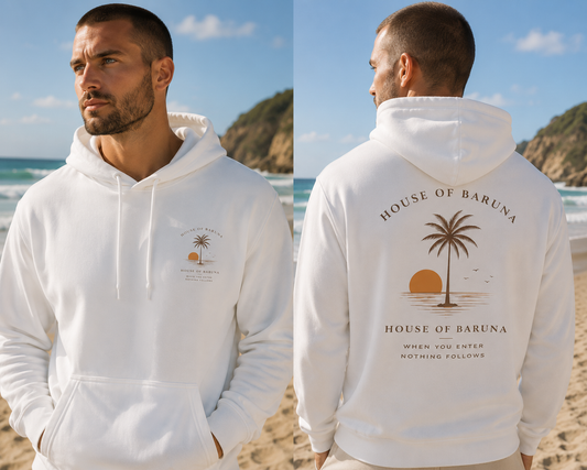 House of Baruna Palm Sunset Hoodie — "When You Enter Nothing Follows"