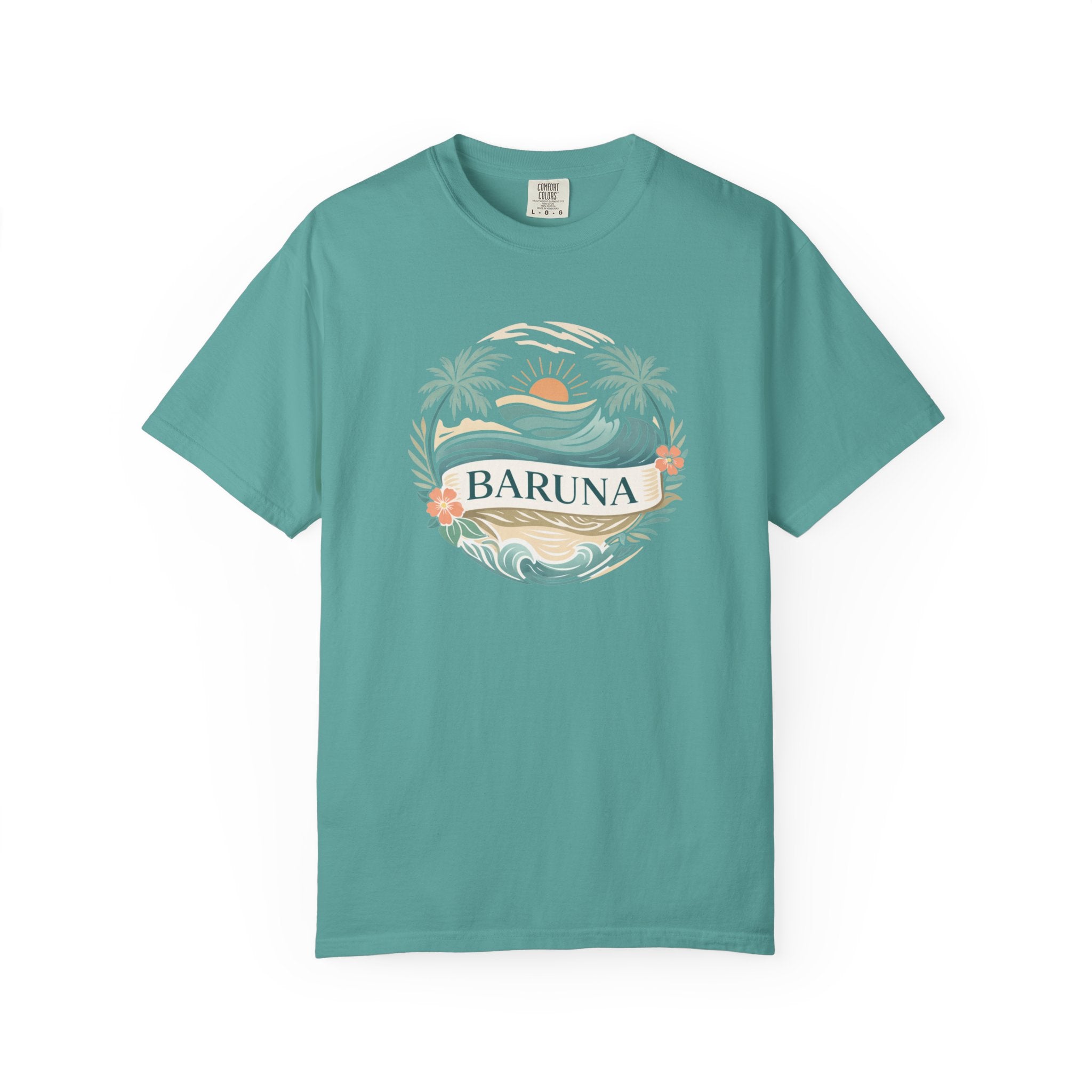 House of Baruna Woman's Sunset T-Shirt — Tropical Palms & Waves Graphic Tee