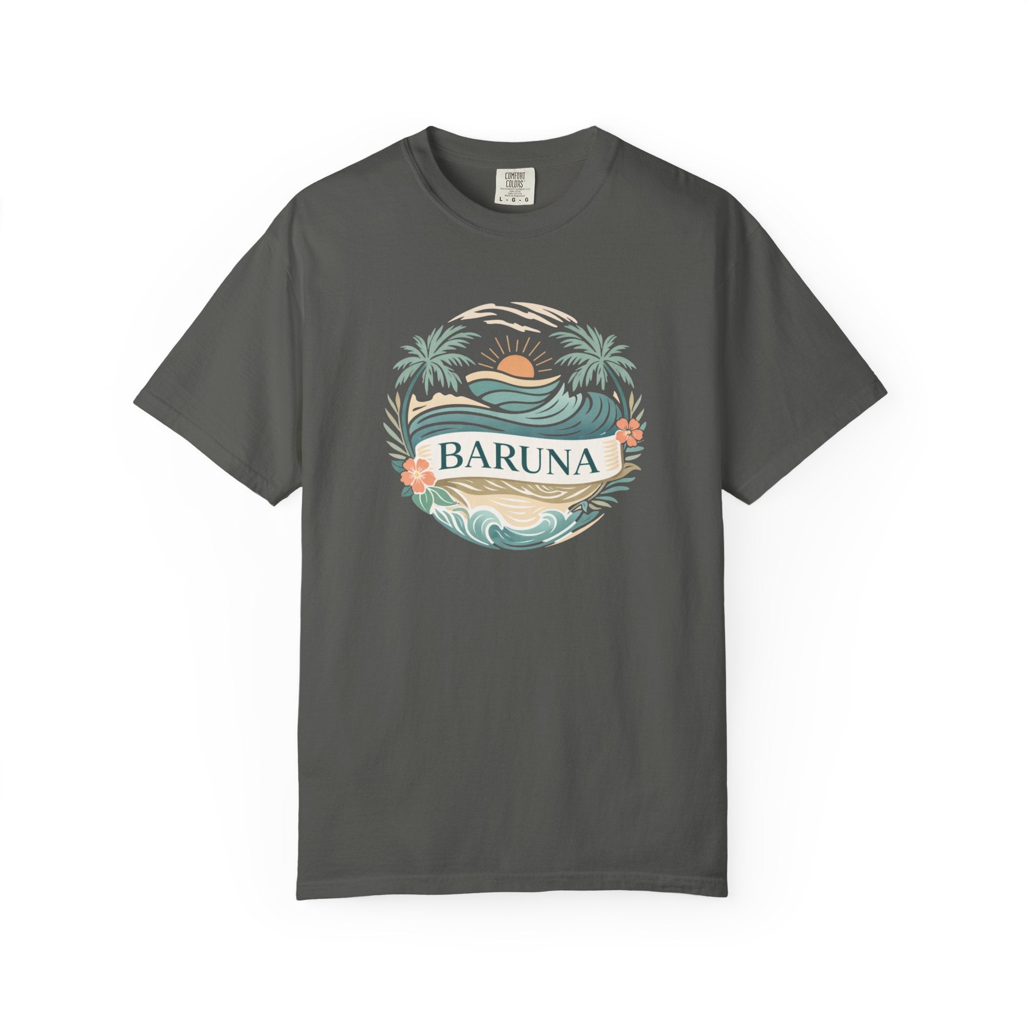 House of Baruna Woman's Sunset T-Shirt — Tropical Palms & Waves Graphic Tee