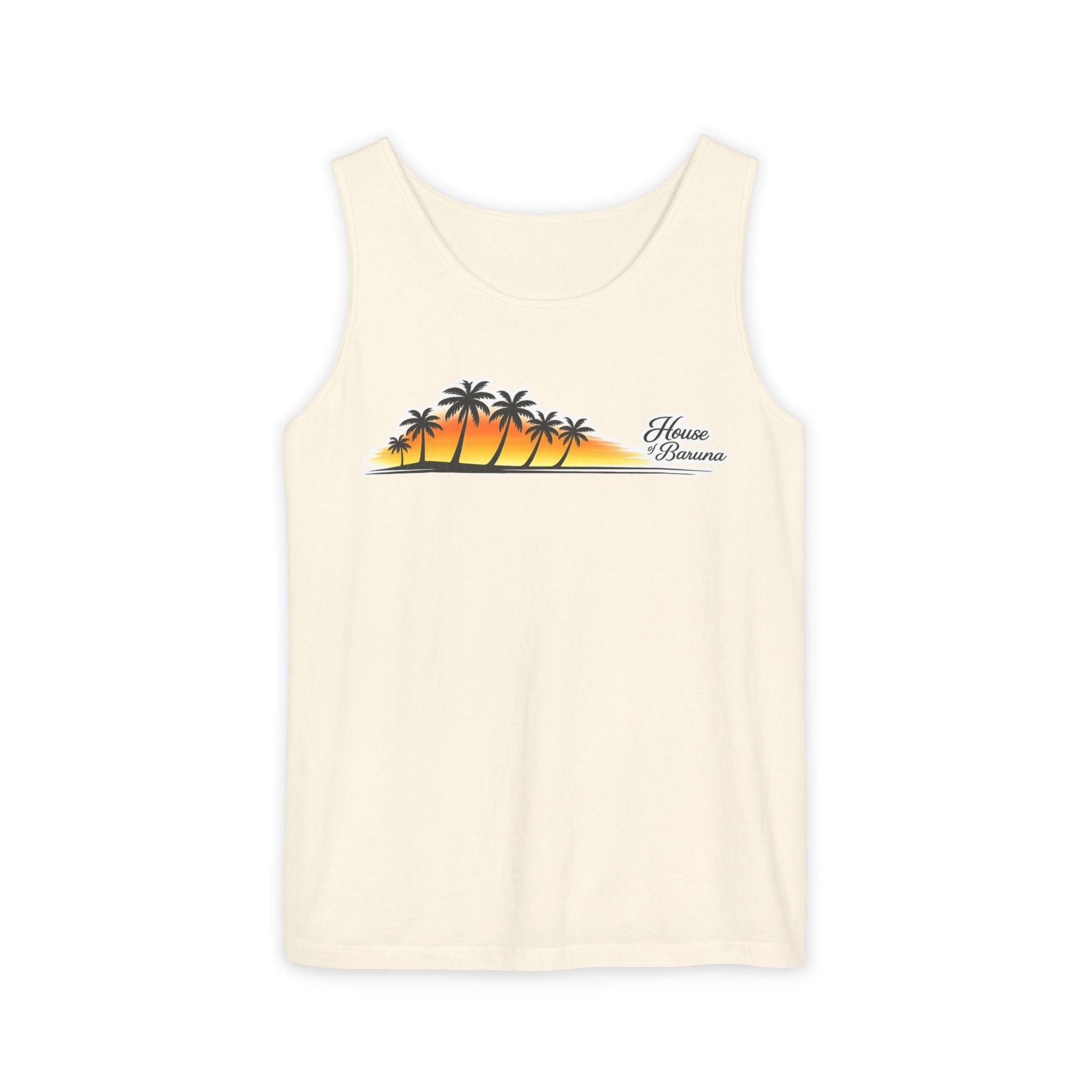 House of Baruna Men's Premium Beach Tank Top – Sunset Palm Tree Surfer Singlet