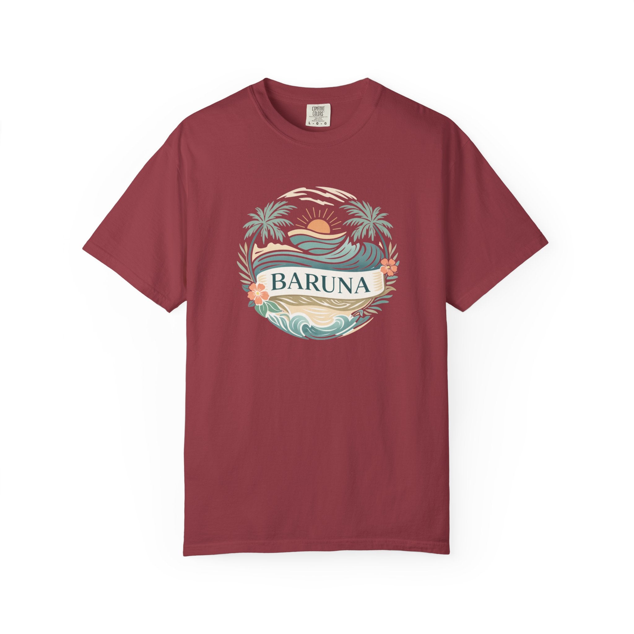 House of Baruna Woman's Sunset T-Shirt — Tropical Palms & Waves Graphic Tee