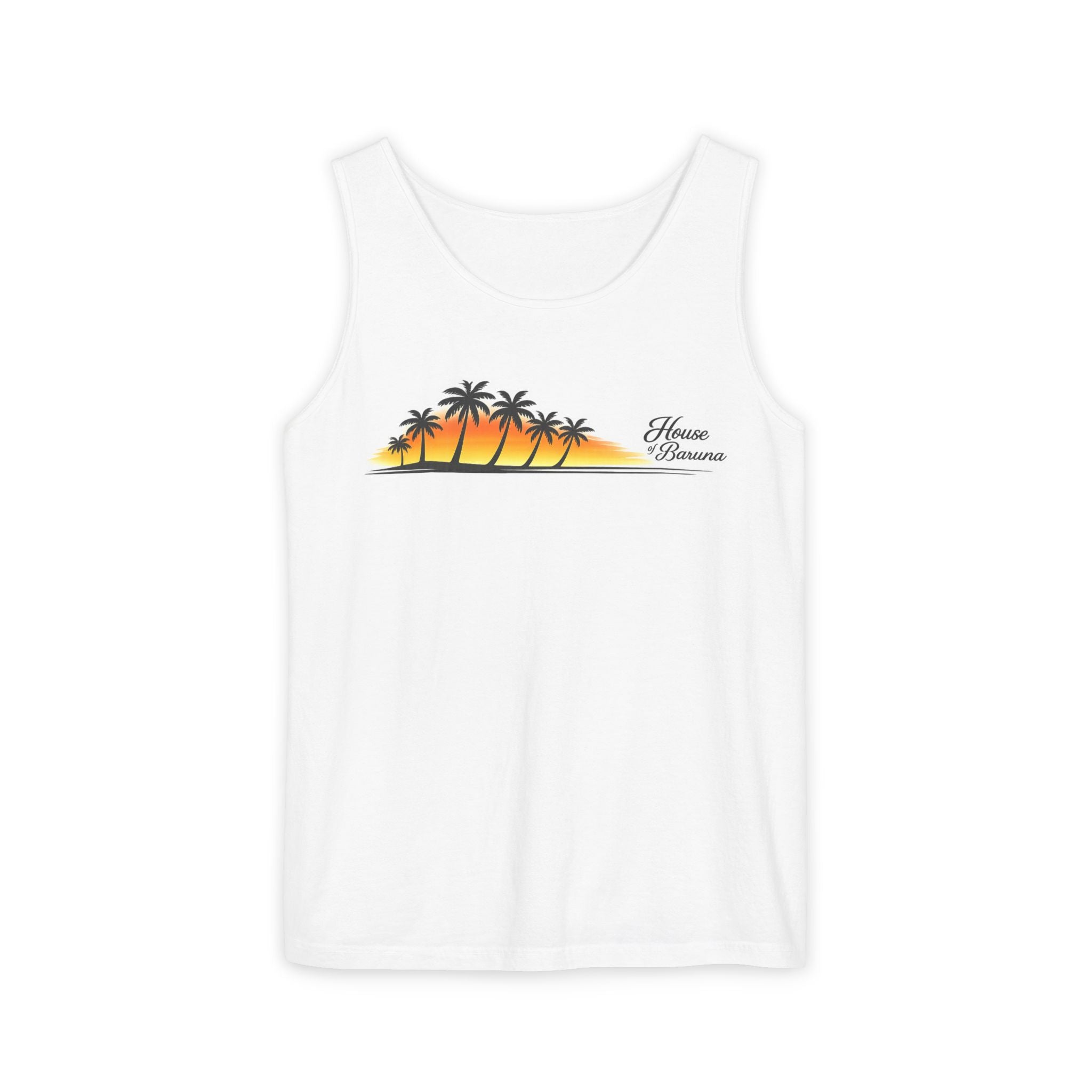 House of Baruna Men's Premium Beach Tank Top – Sunset Palm Tree Surfer Singlet