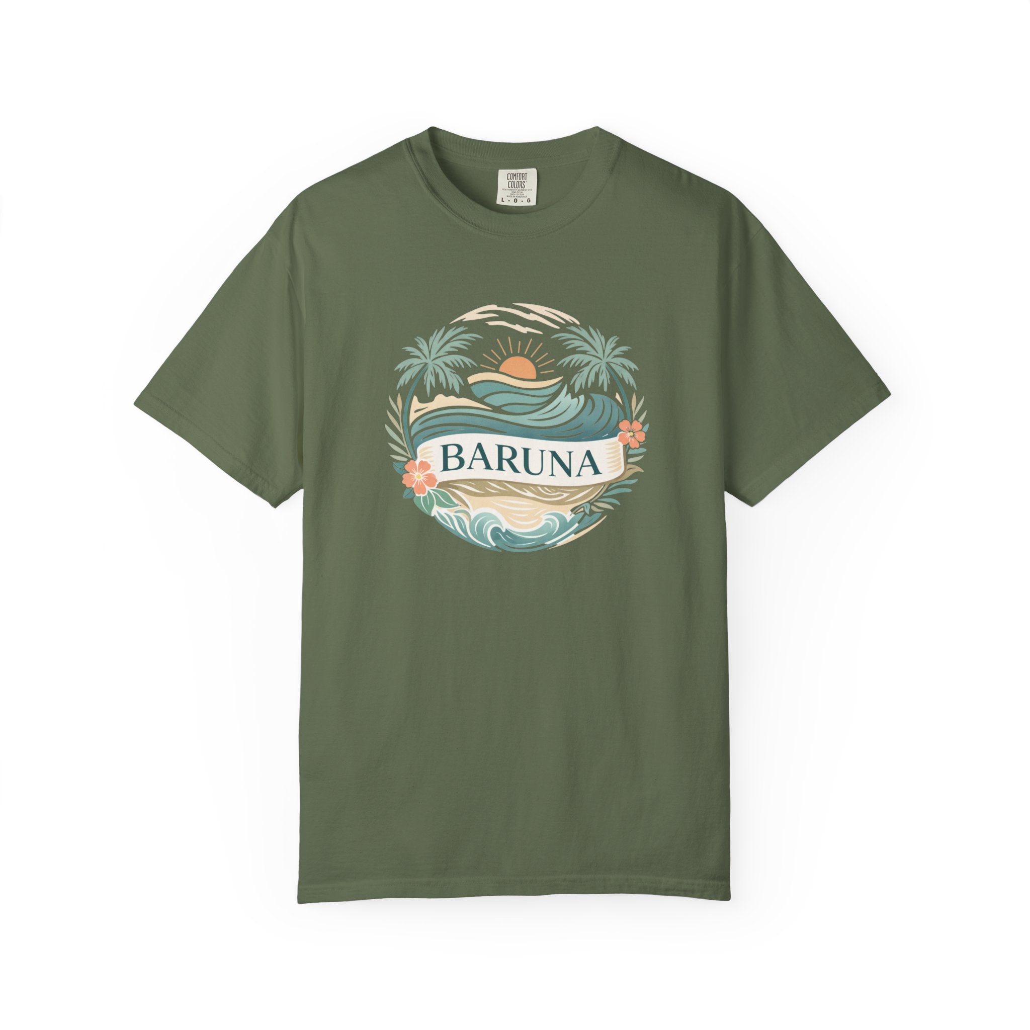 House of Baruna Woman's Sunset T-Shirt — Tropical Palms & Waves Graphic Tee