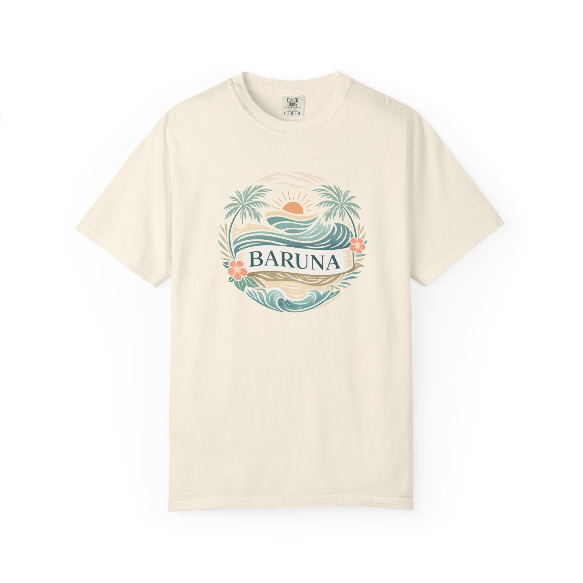 House of Baruna Woman's Sunset T-Shirt — Tropical Palms & Waves Graphic Tee