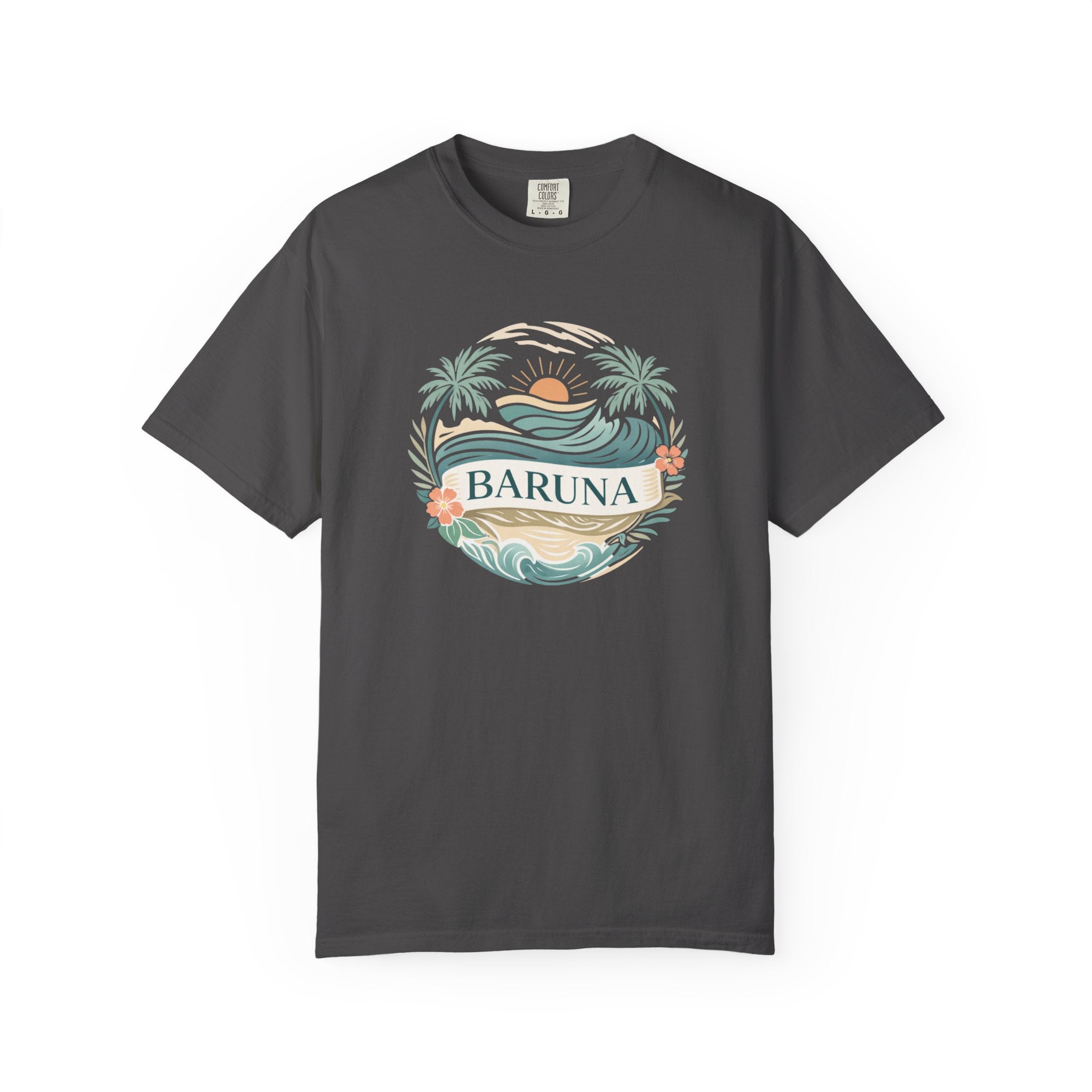 House of Baruna Woman's Sunset T-Shirt — Tropical Palms & Waves Graphic Tee